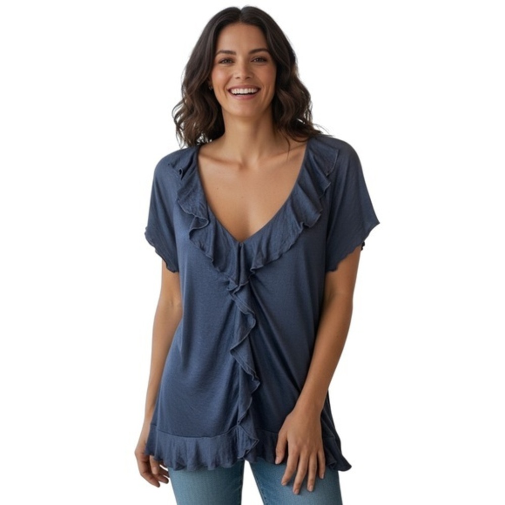 Banana Republic Ruffle Blouse Blue Short Sleeve Size Large